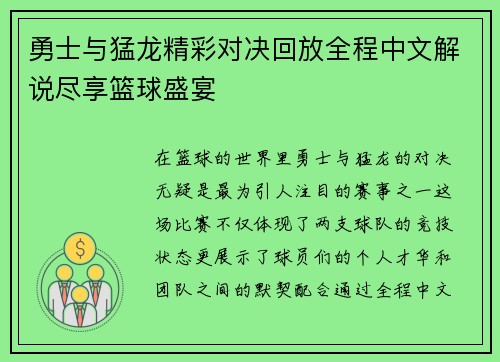 勇士与猛龙精彩对决回放全程中文解说尽享篮球盛宴