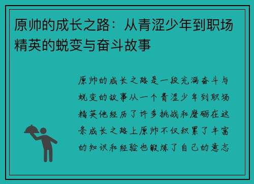 原帅的成长之路：从青涩少年到职场精英的蜕变与奋斗故事